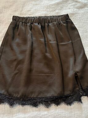 Francesca's Black Satin Mini Skirt with Lace Trim